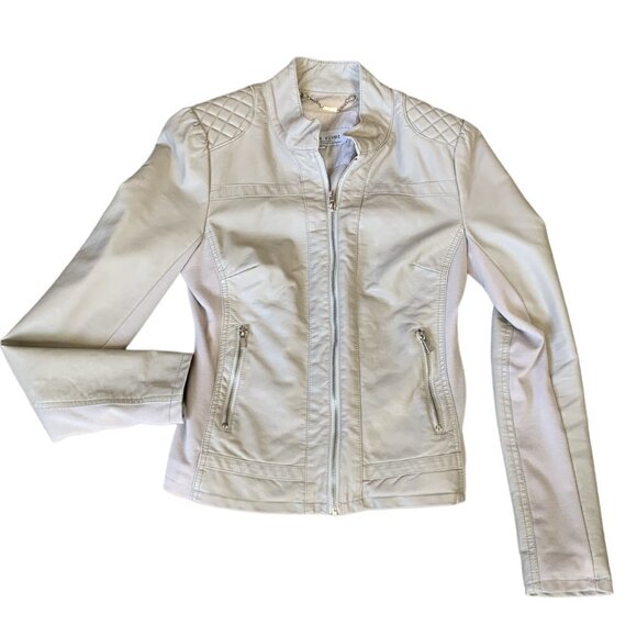 Black Rivet Faux/Vegan Leather Zip Moto Jacket Sz M Taupe Beige #78F - Picture 2 of 10